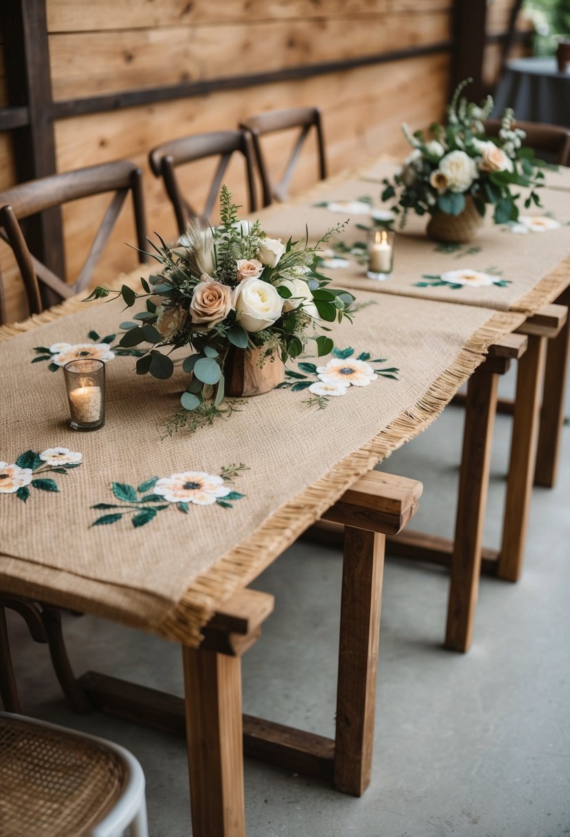 Burlap table overlays adorned with floral prints lay across rustic wooden tables, creating a charming and natural wedding decor