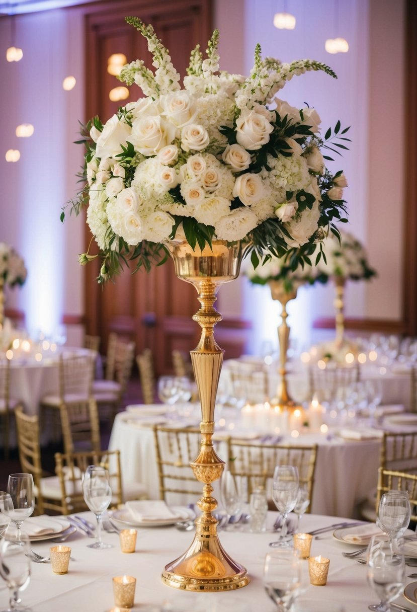 A grand centerpiece on a gold stand adorns a wedding table, exuding elegance and opulence