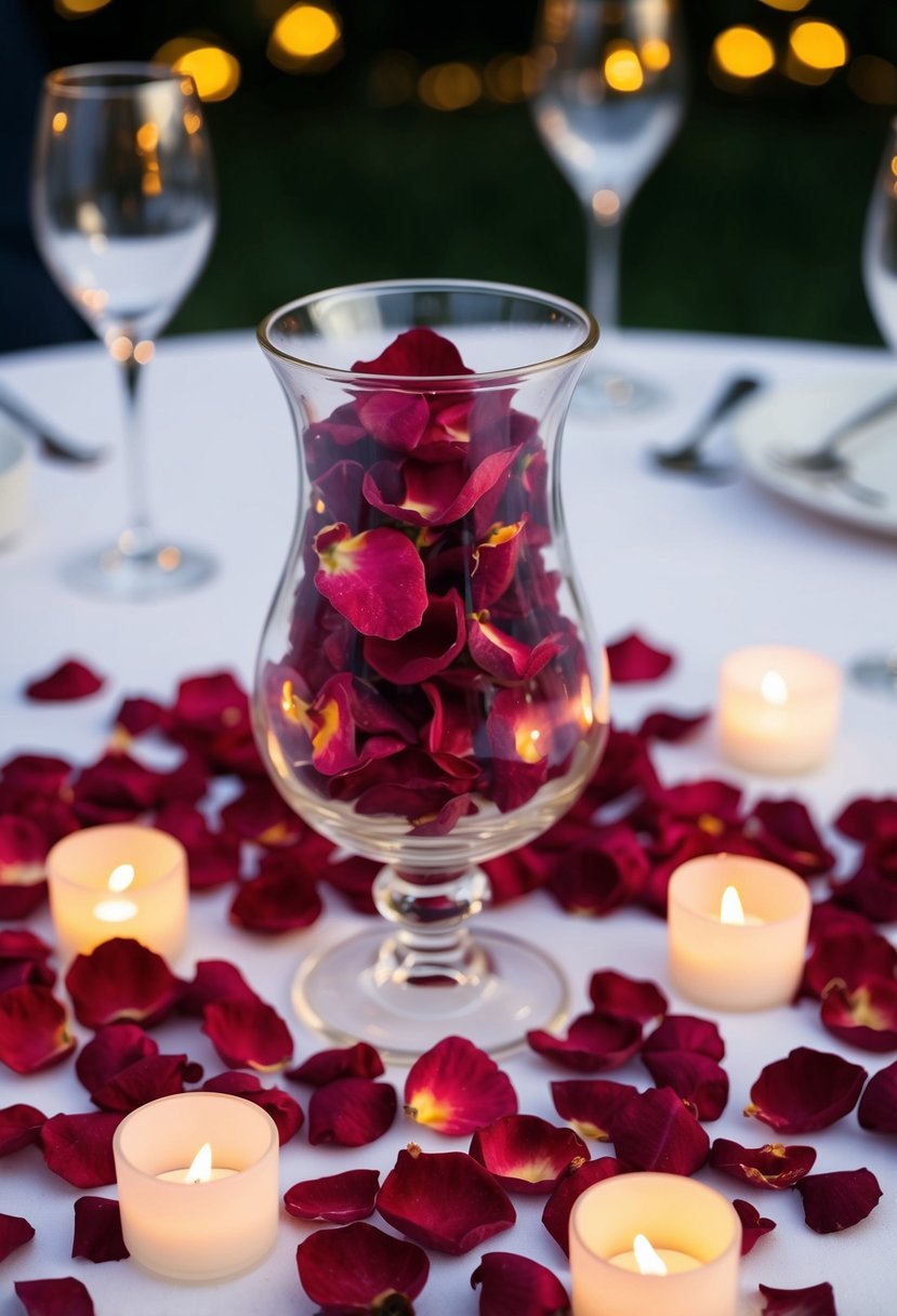 A glass vase filled with freeze-dried red rose petals, scattered on a white tablecloth, surrounded by flickering tea lights