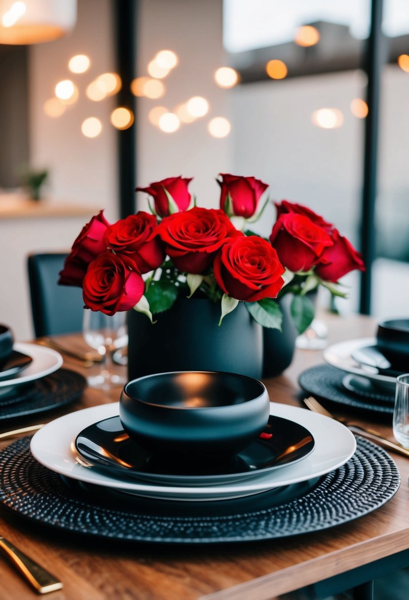 A modern table set with black accents and vibrant red roses