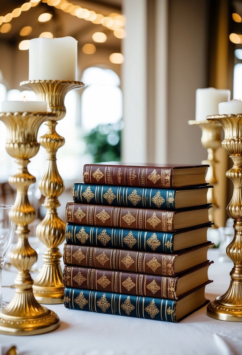 A stack of antique books sits next to ornate gold candlesticks as part of a luxurious wedding table decoration