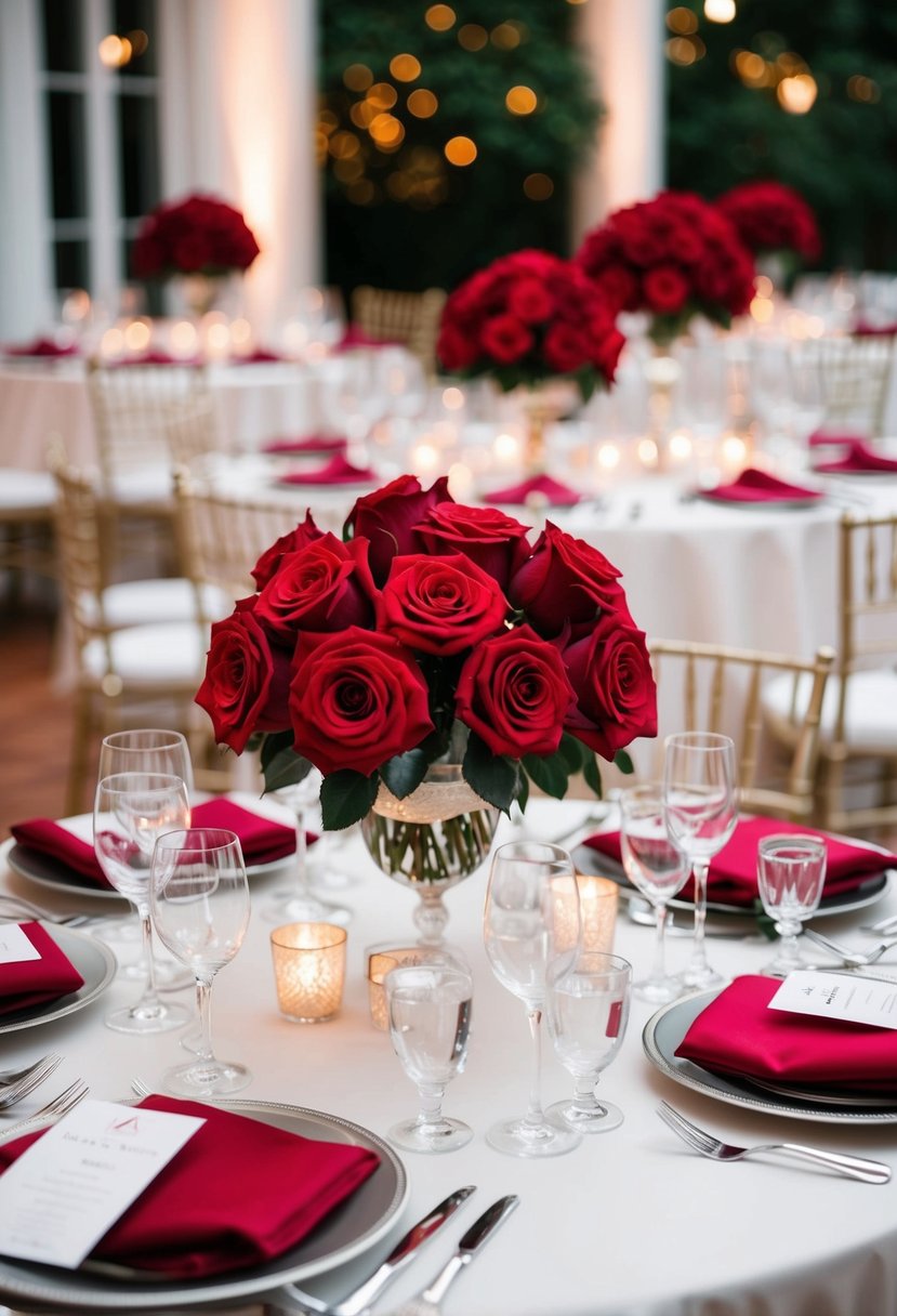 A table set with elegant red rose centerpieces, creating a romantic and sophisticated atmosphere for a wedding celebration