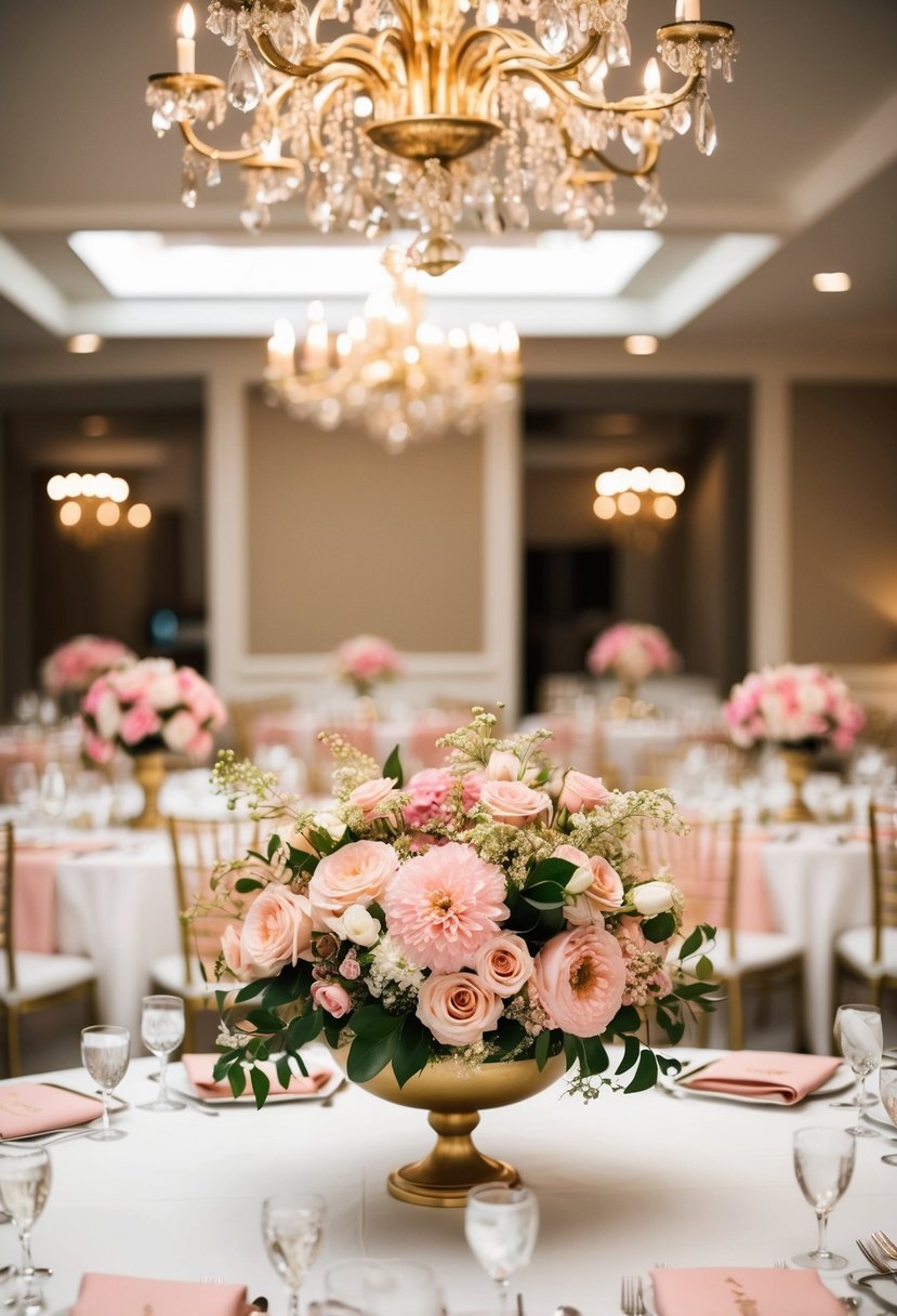 Lush pink and gold floral centerpieces adorn elegant wedding tables