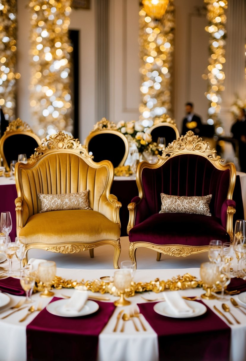 Two elegant gold and burgundy love-seats surrounded by opulent gold wedding table decorations