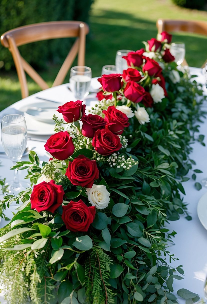 A lush arrangement of fresh red roses and cascading greenery adorns a wedding table