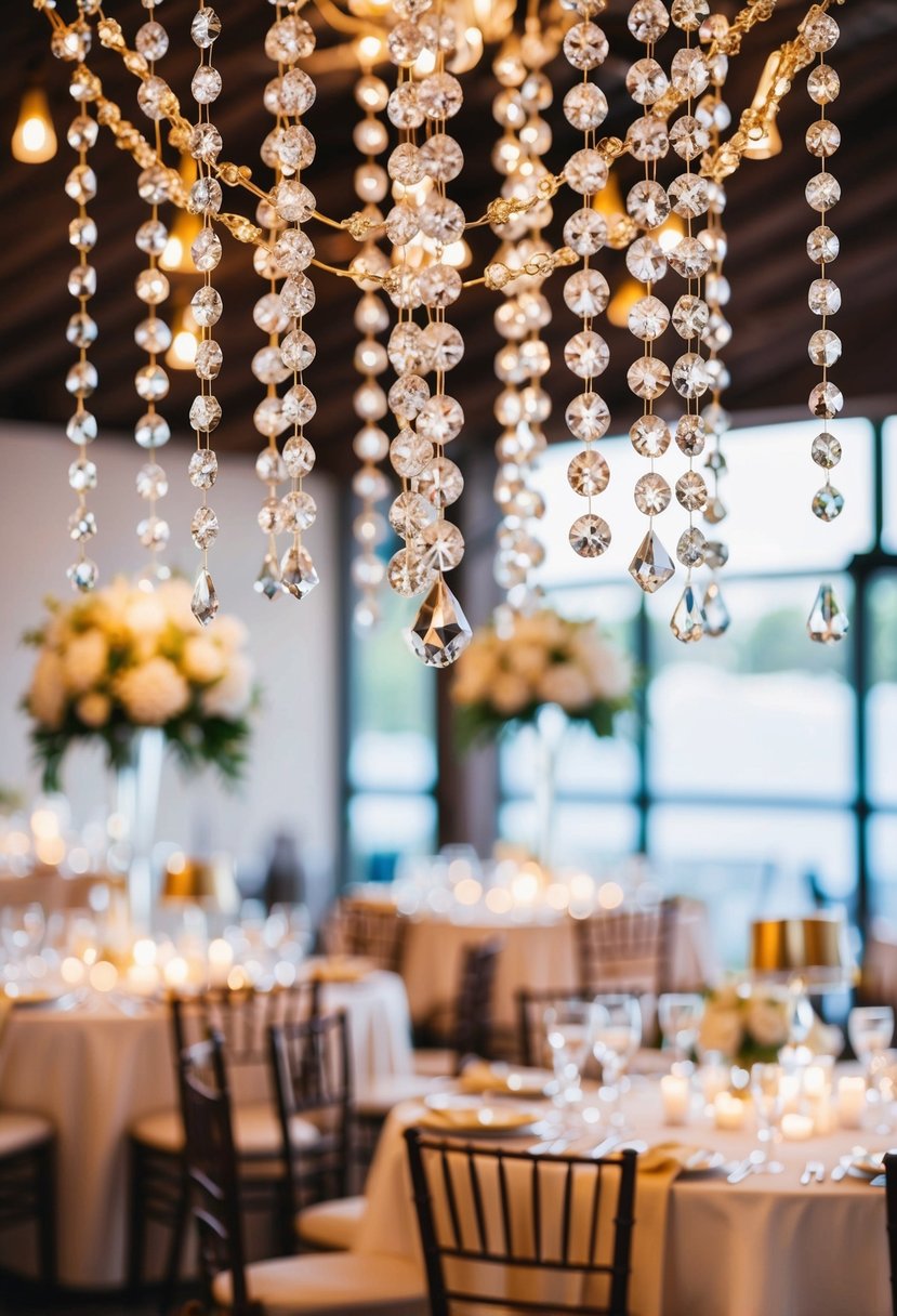 Hanging crystals with gold accents sparkle above a wedding table, casting shimmering reflections on the surrounding decor