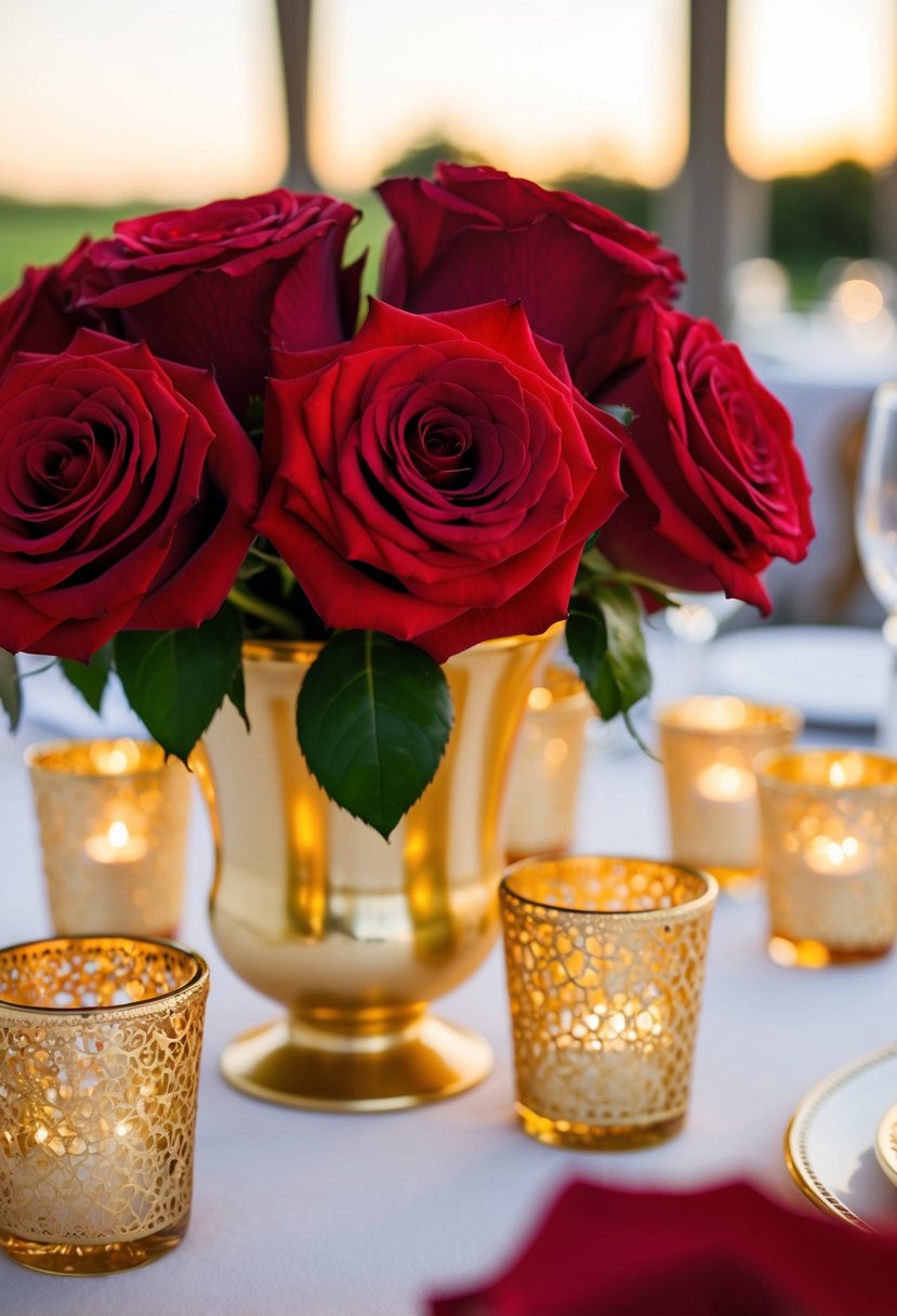 Red roses arranged in golden votive holders on a wedding table