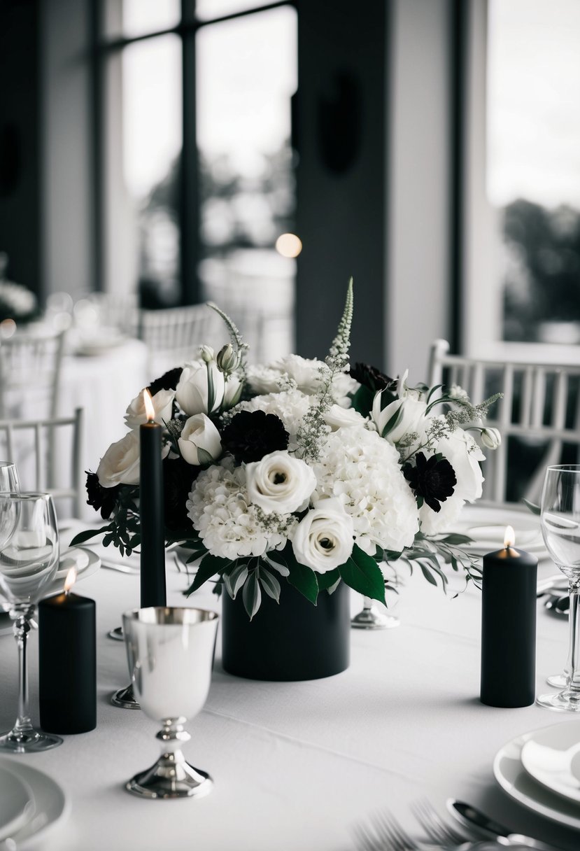 A monochrome wedding table with white flowers, black candles, and silver accents