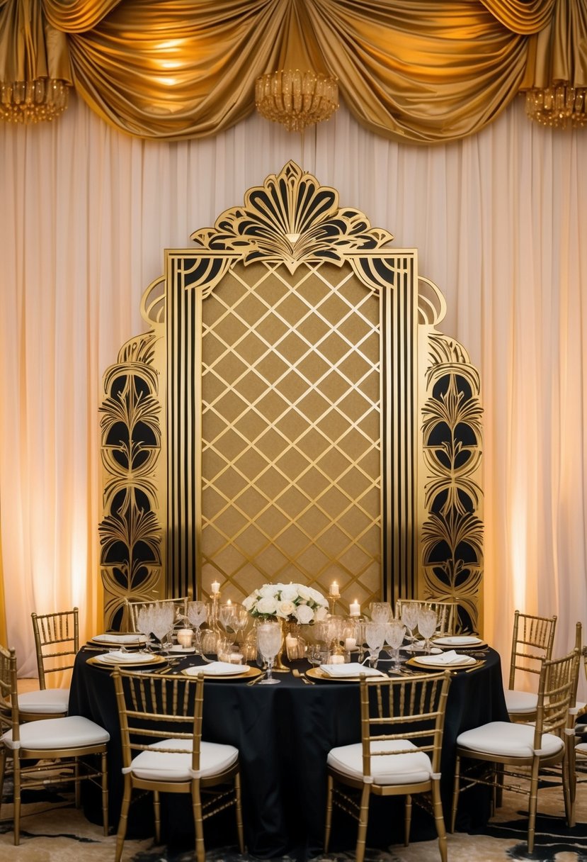 A luxurious gold backdrop with ornate Gatsby design frames a lavish wedding table set with opulent gold decorations