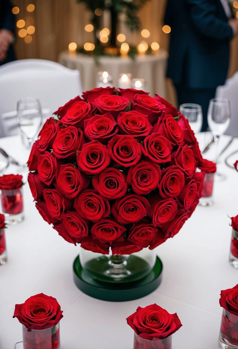 A classic red rose spherical arrangement sits as a centerpiece on a wedding table, surrounded by smaller red rose decorations