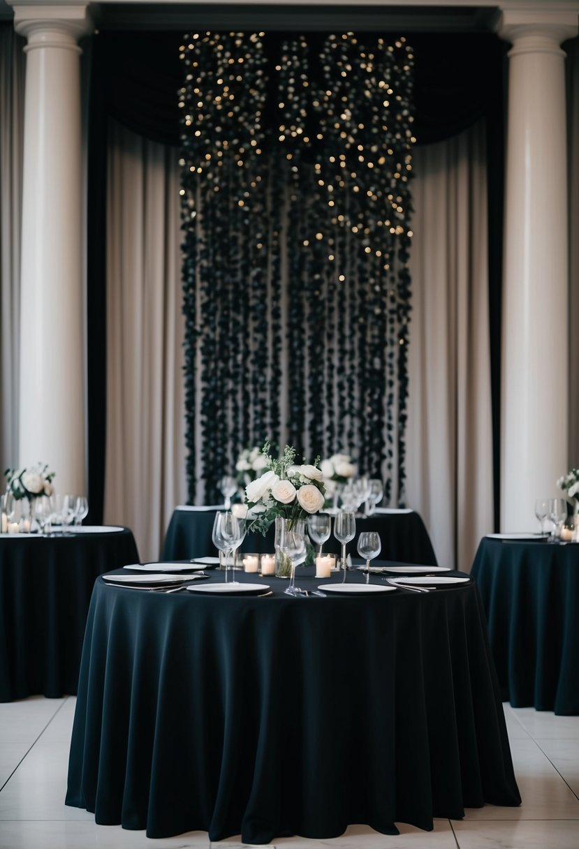 Black tablecloths drape over tables, setting a dramatic backdrop for a monochrome wedding table decoration