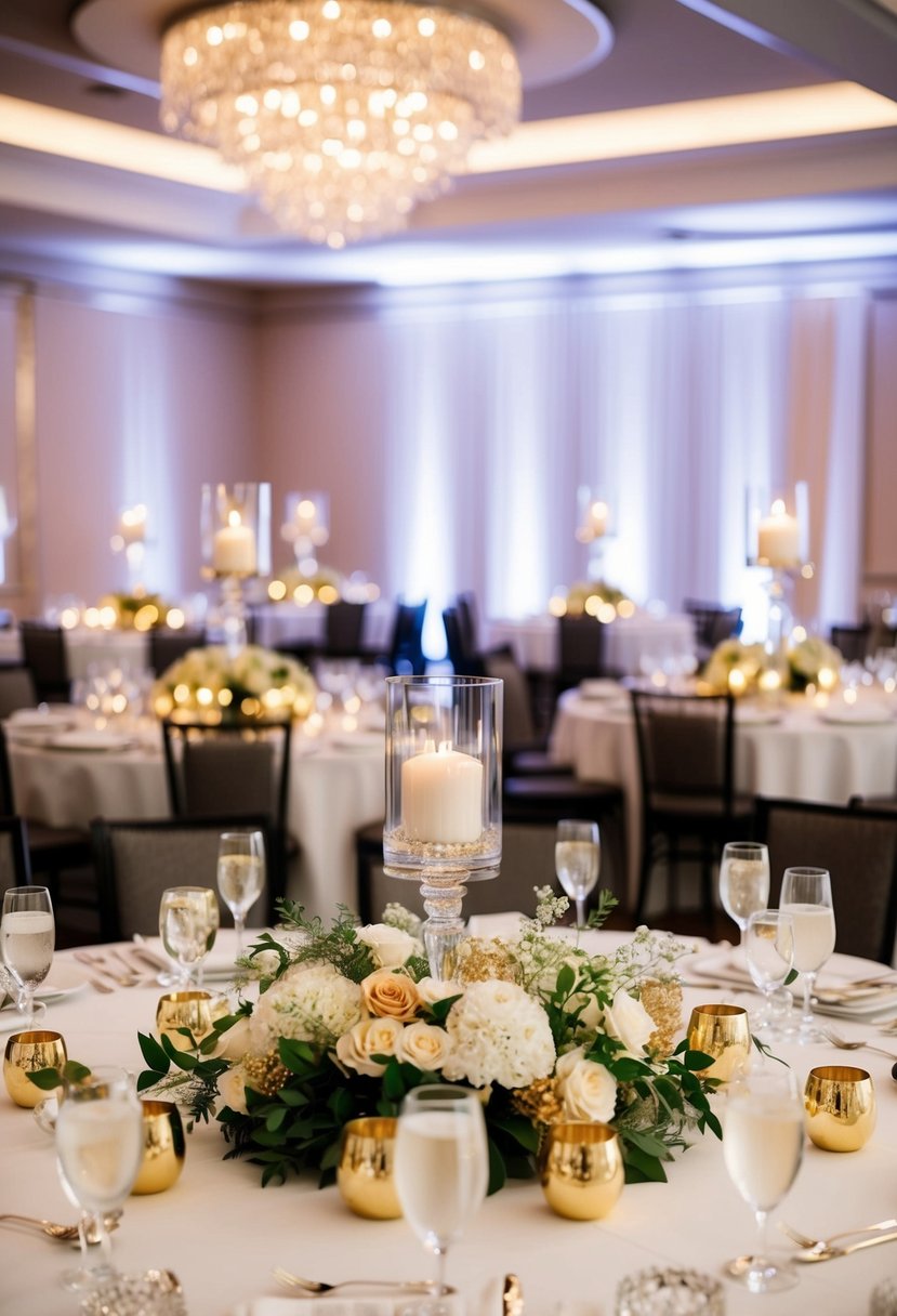 Gold and silver mixed centerpieces arranged on a wedding reception table, featuring elegant and luxurious decor