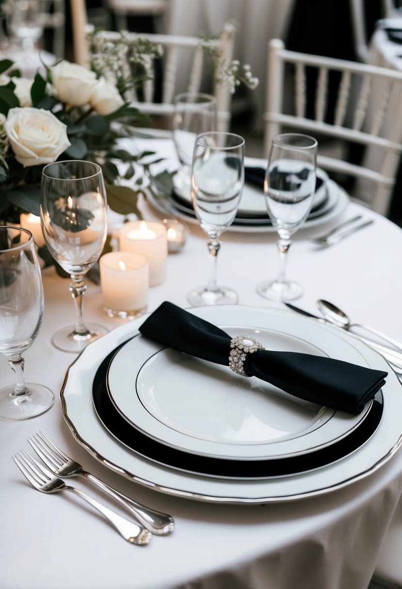 A white china table setting with monochrome accents for a classic wedding