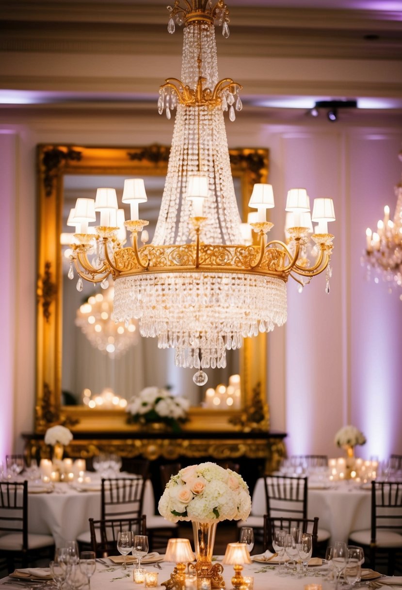 A grand gold frame adorned with a sparkling chandelier hangs above an opulent wedding table, creating a luxurious and elegant atmosphere