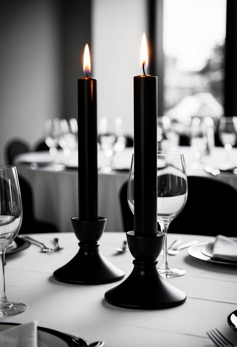 Sleek black candle holders on a monochrome wedding table