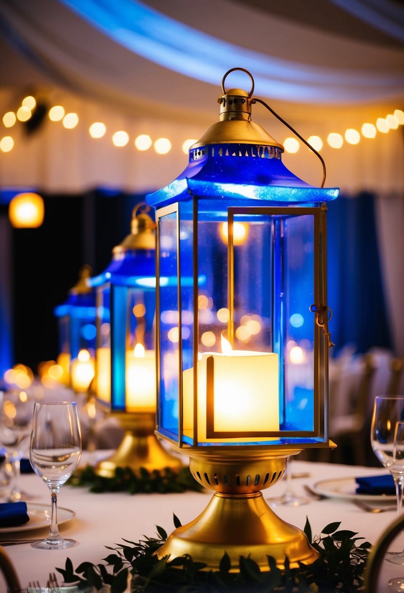 Celestial blue and gold lanterns illuminate a wedding table, casting a warm and enchanting glow over the elegant decorations