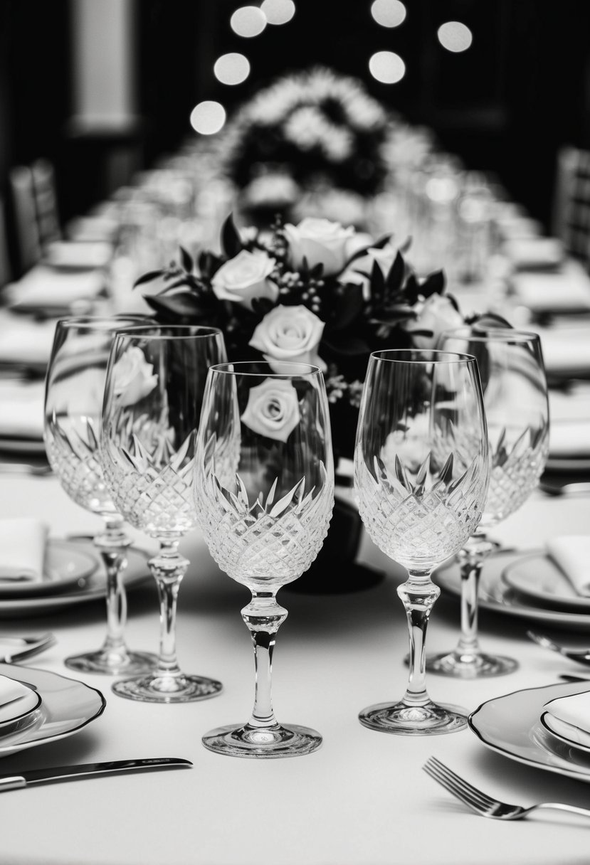 Elegant crystal glassware arranged on a monochrome wedding table