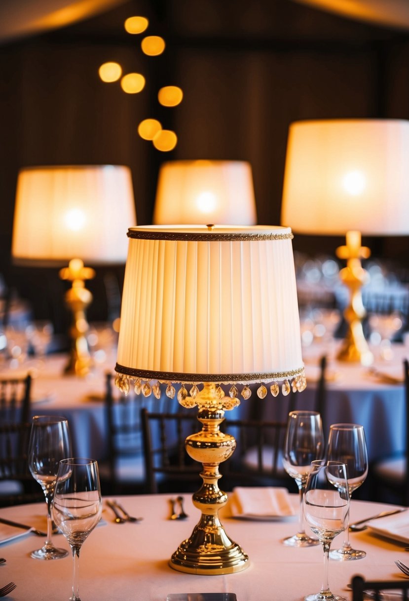 Acrylic lampshades on gold holders adorn a wedding table, casting a warm glow