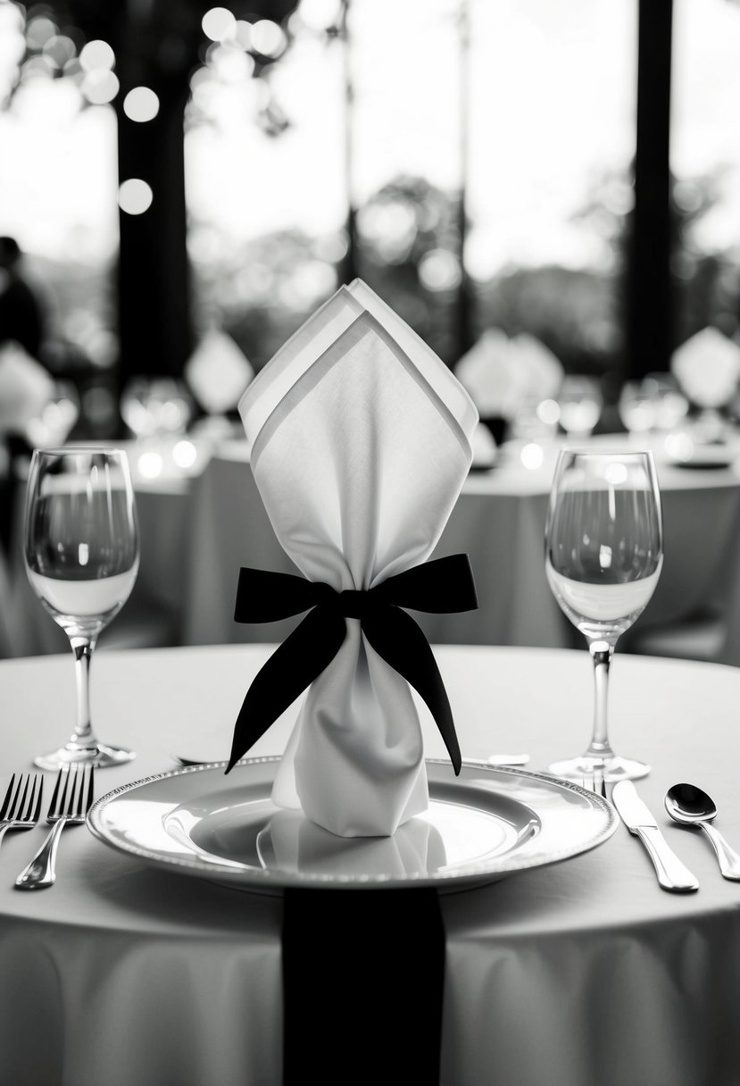 White napkins tied with black ribbon on a monochrome wedding table