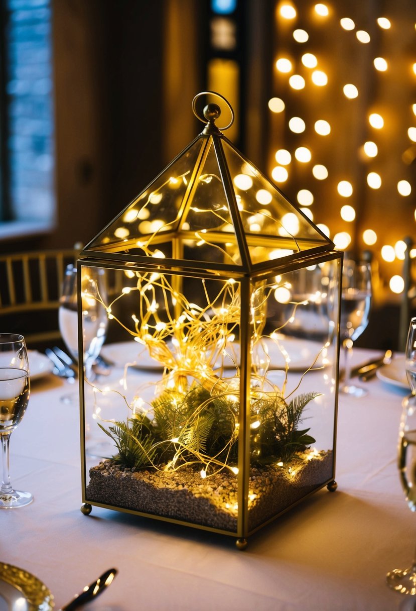 A gold and glass terrarium filled with fairy lights illuminates a wedding table, creating a magical and enchanting atmosphere