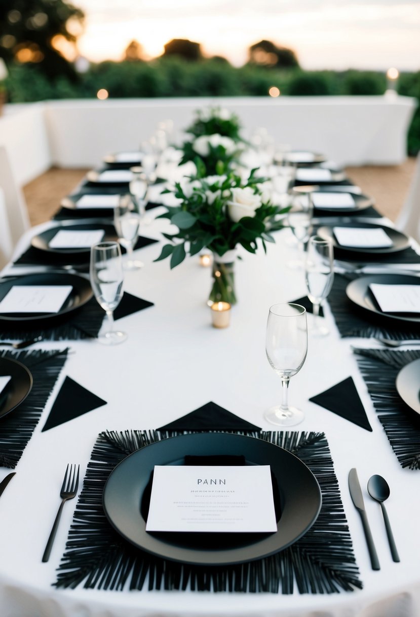 Black and white geometric placemats arranged on a wedding table, creating a modern monochrome decoration