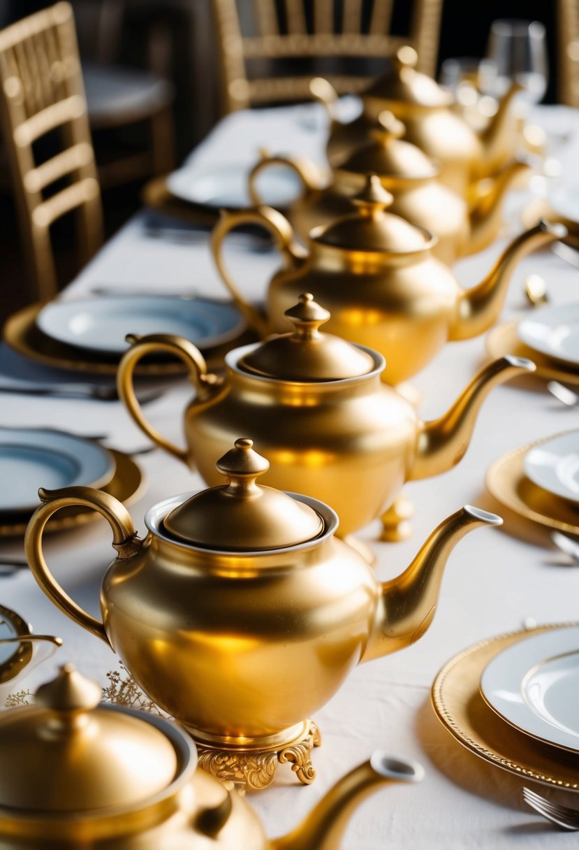 Golden vintage tea pots arranged on a table with elegant gold accents for a wedding decoration