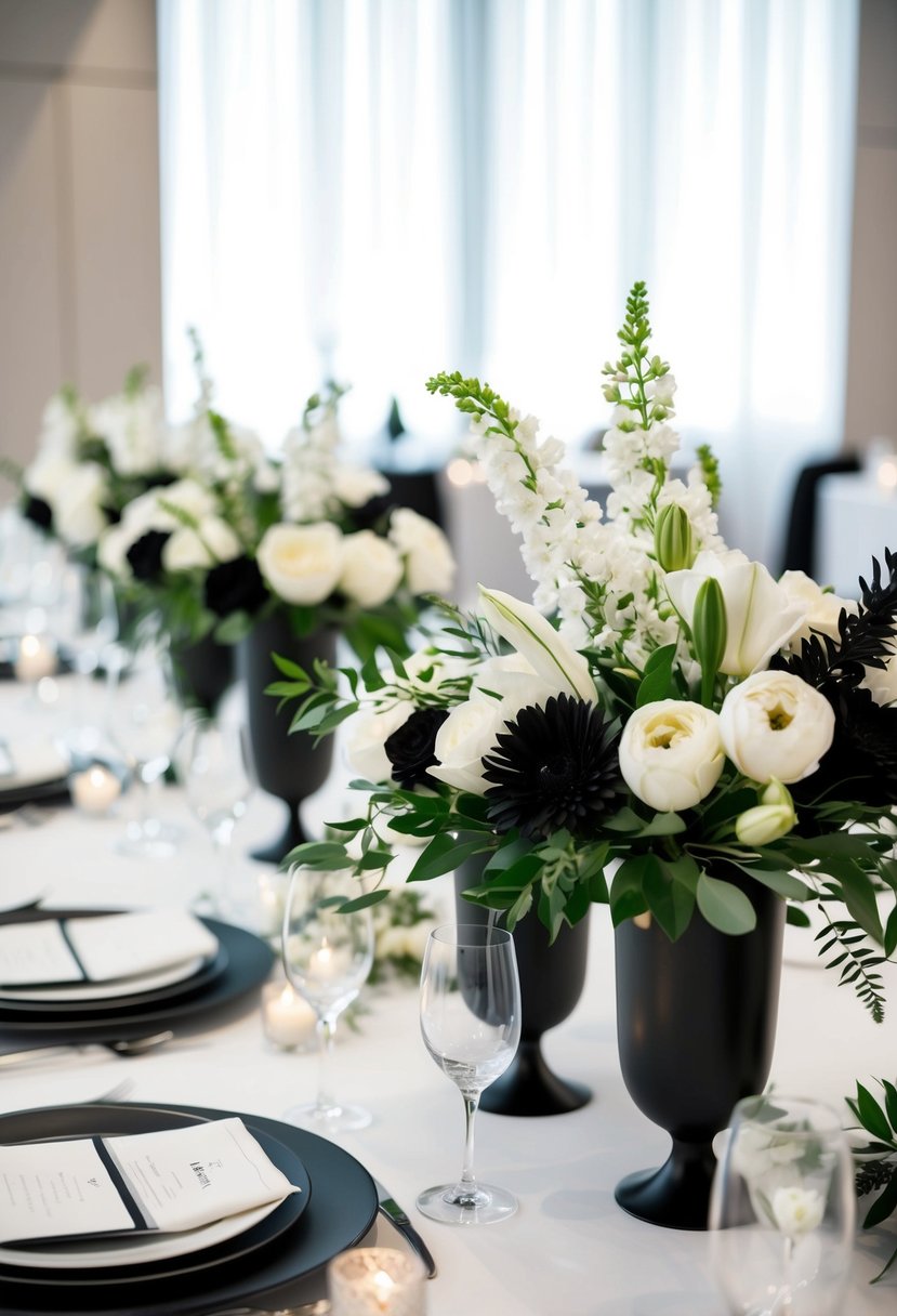 A table adorned with monochrome floral arrangements, featuring elegant white and black blooms in sleek vases, creating a sophisticated and modern wedding centerpiece