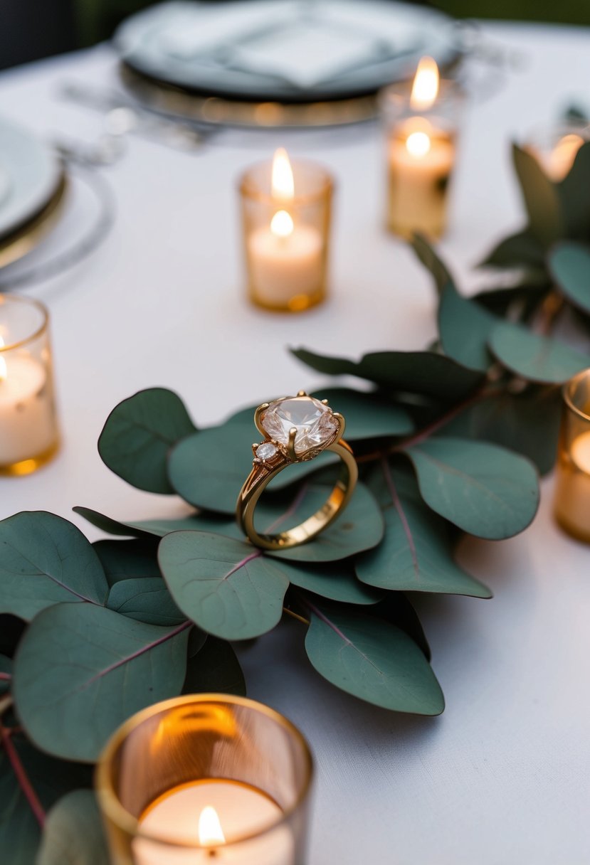 A eucalyptus and gold ring centerpiece sits atop a white tablecloth, surrounded by flickering candles and delicate gold accents