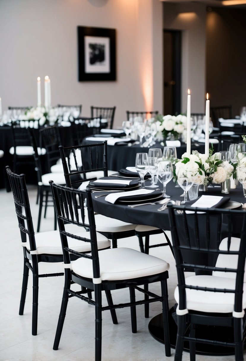 Black chairs with white cushions surround a sleek wedding table, adorned with monochrome decor