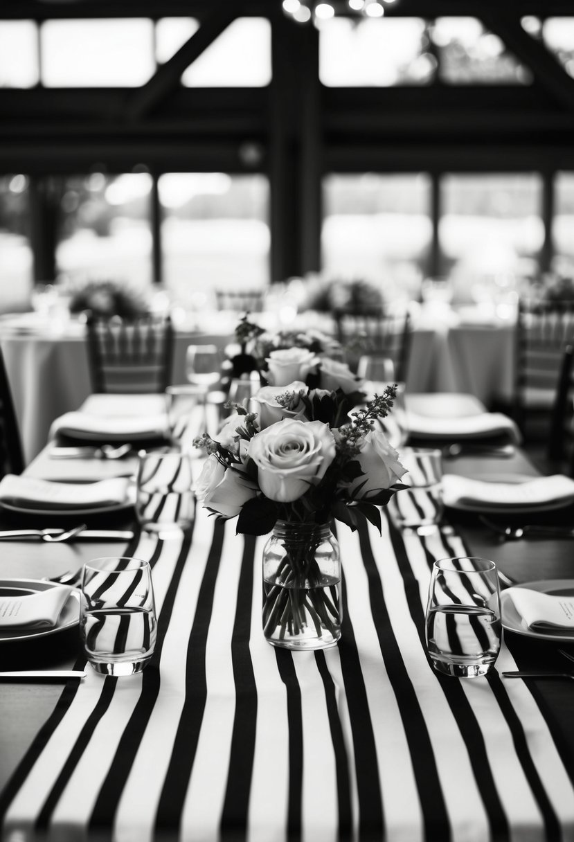 A monochrome wedding table with striped runners adds visual interest