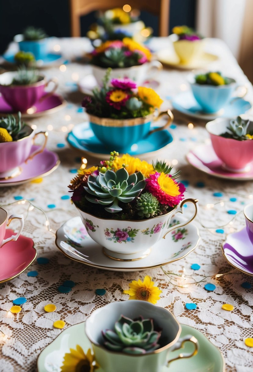 Colorful mismatched vintage teacups and saucers filled with wildflowers and succulents, arranged on a lace table runner with scattered confetti and fairy lights