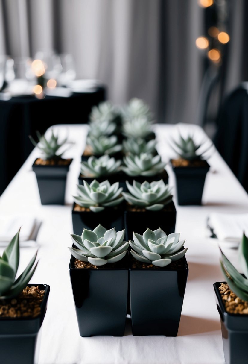 White succulents in black pots arranged on a sleek monochrome wedding table