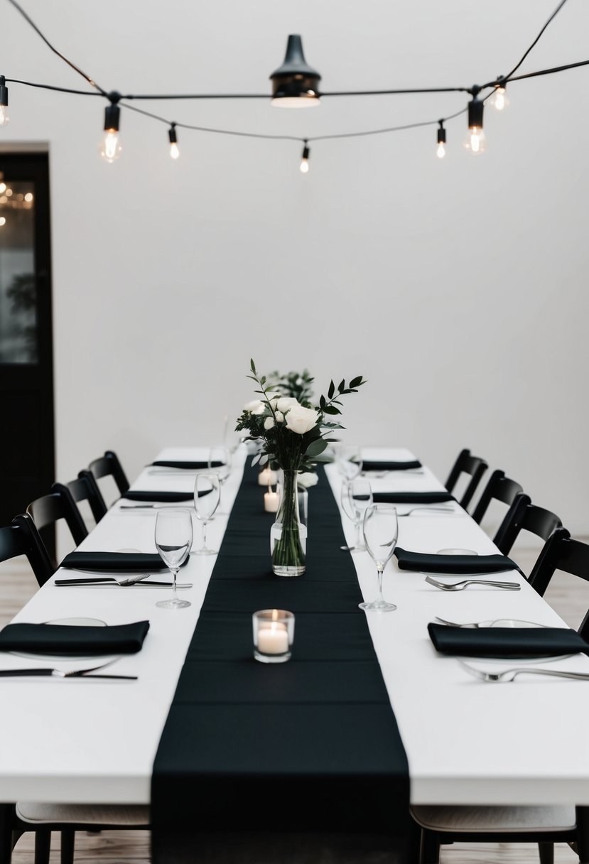 A simple black and white table setting with clean lines and minimal decor for a monochrome wedding theme