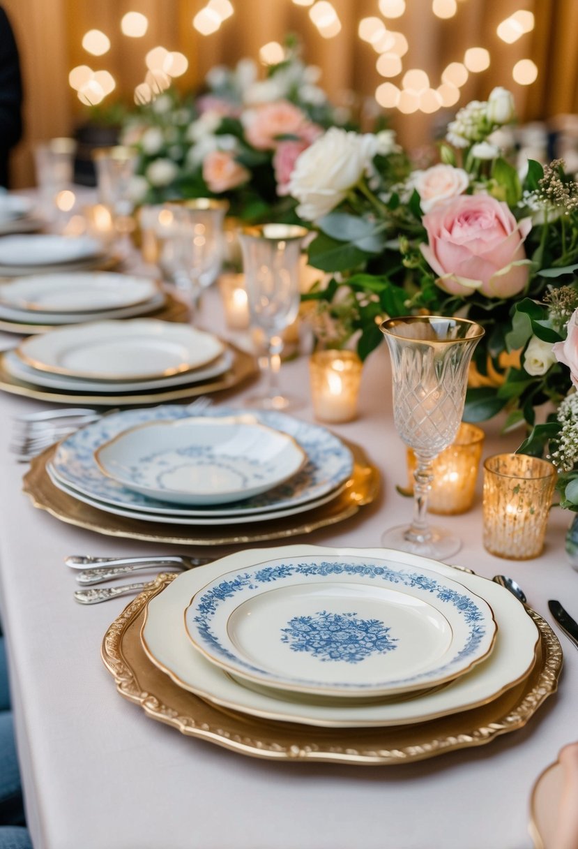 Vintage china plates with mismatched patterns arranged in a playful and eclectic display on a wedding reception table