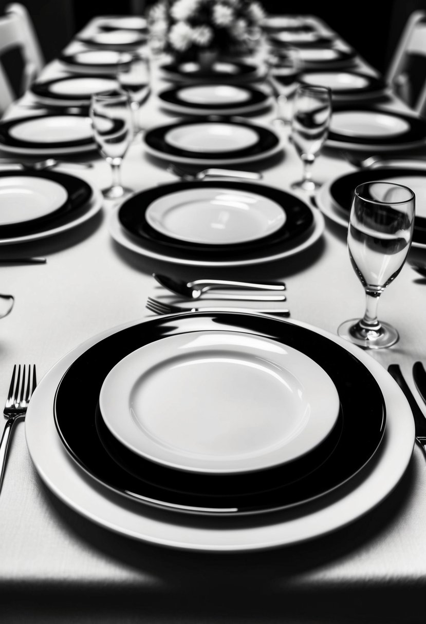 Black and white dinner plates arranged in alternating pattern on a monochrome wedding table