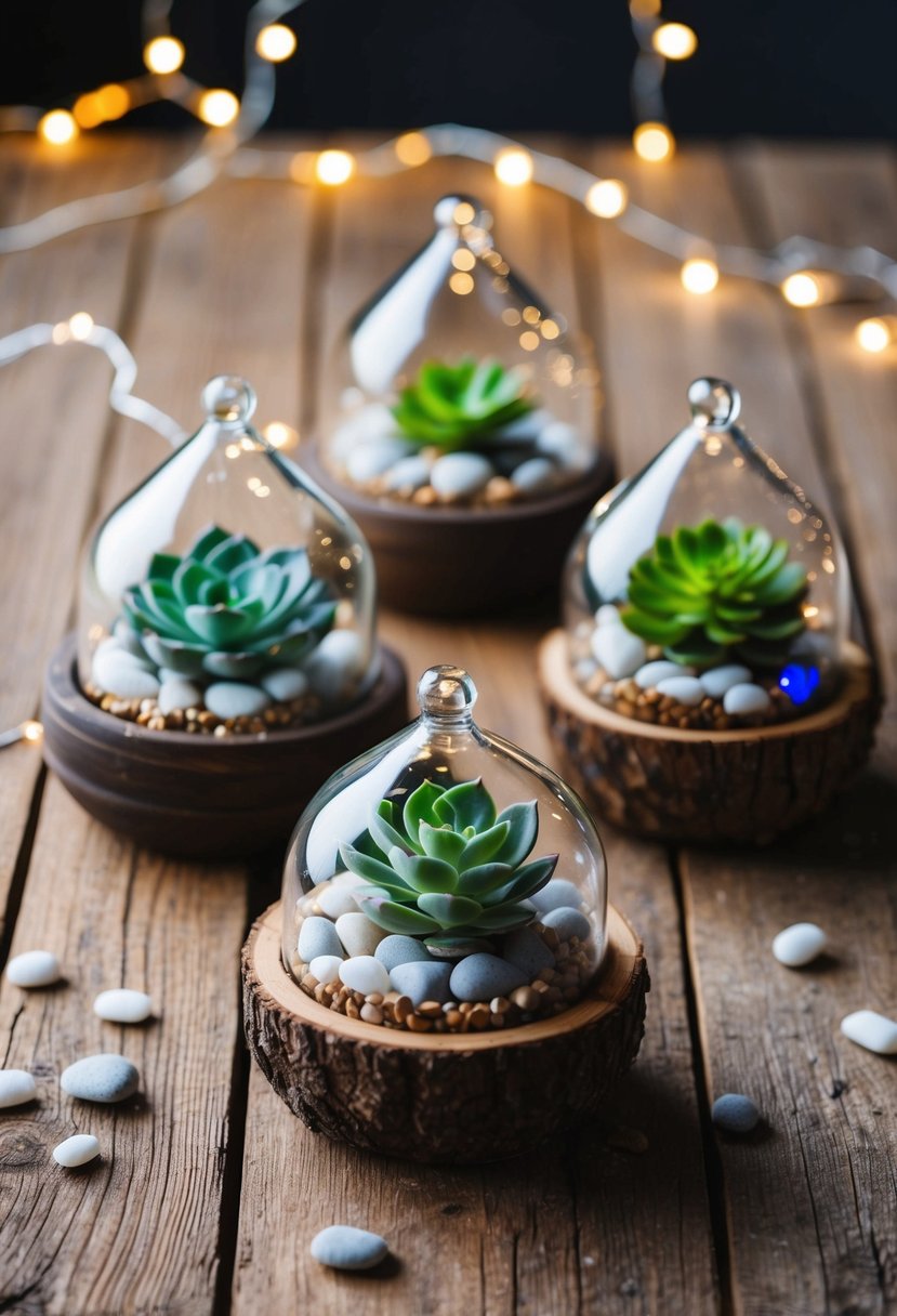 Miniature succulent terrariums arranged on rustic wooden tables with scattered pebbles and fairy lights