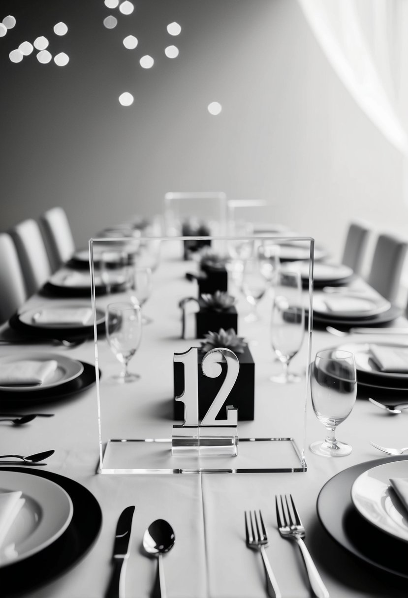 A set of clear acrylic table numbers arranged on a sleek monochrome wedding table, surrounded by minimalist decor and elegant place settings