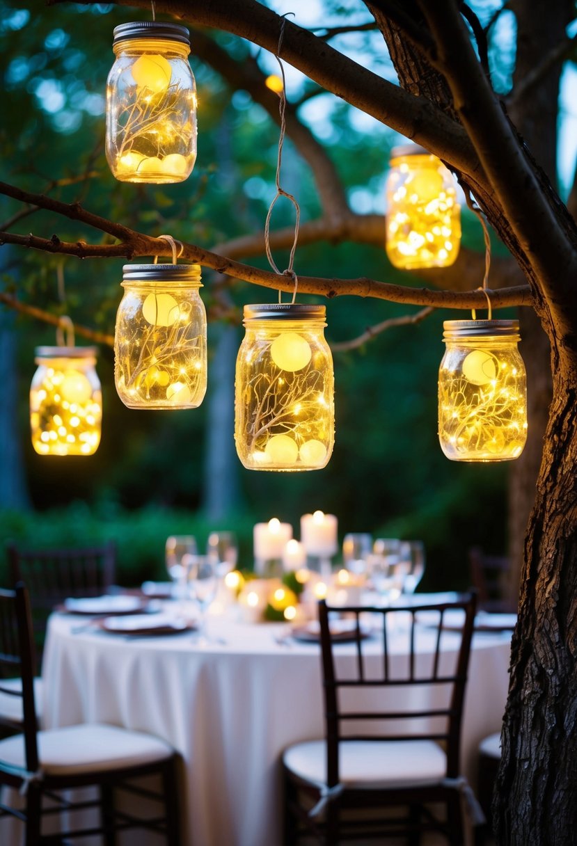 Fairy light-filled jars hang from tree branches, casting a warm glow over a whimsical wedding table