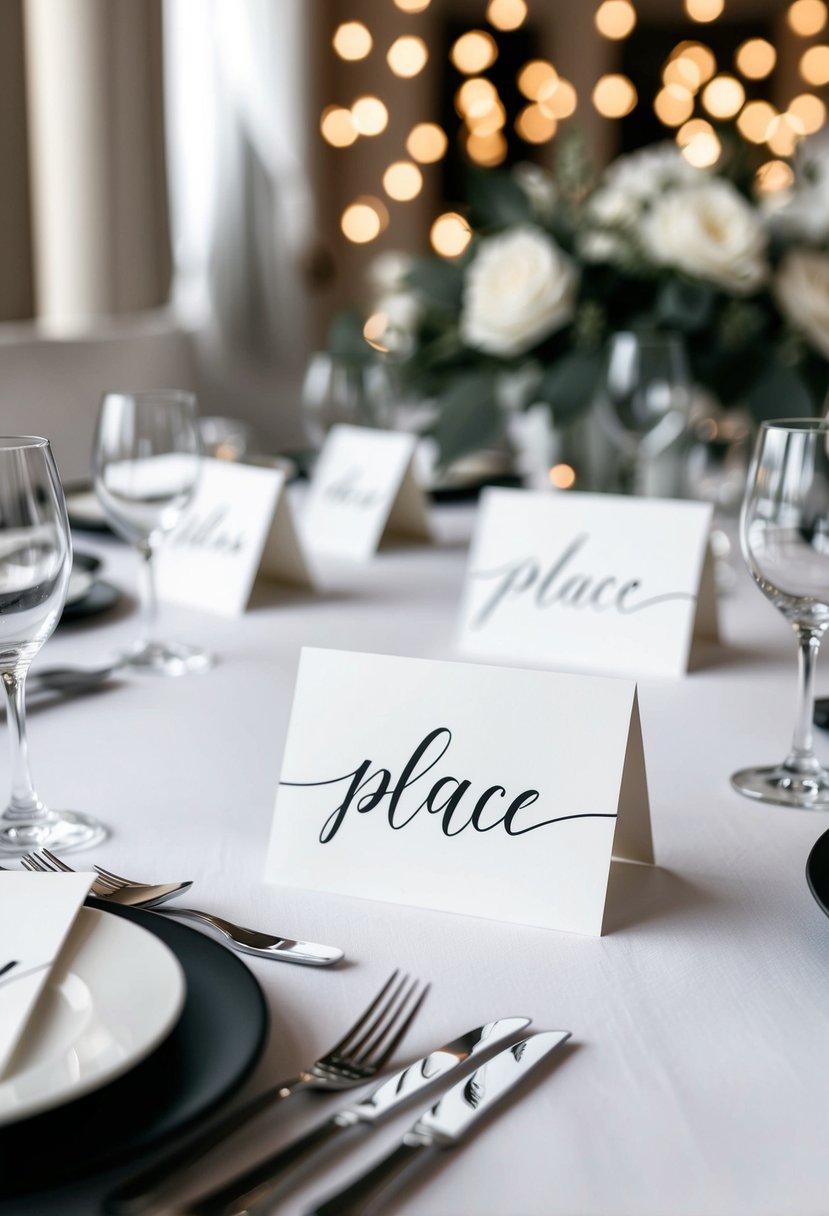 Black ink calligraphy place cards arranged on a white linen table, surrounded by elegant monochrome wedding decor