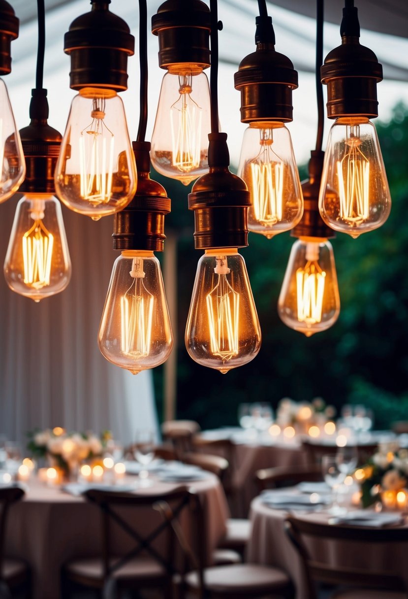 A cluster of Edison bulbs dangle from the ceiling, casting a warm and romantic glow over the quirky wedding table decorations