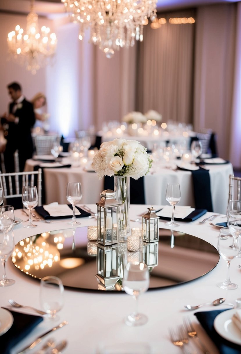 A table set with mirror centerpieces reflecting the monochrome decor, adding sparkle to the elegant wedding reception