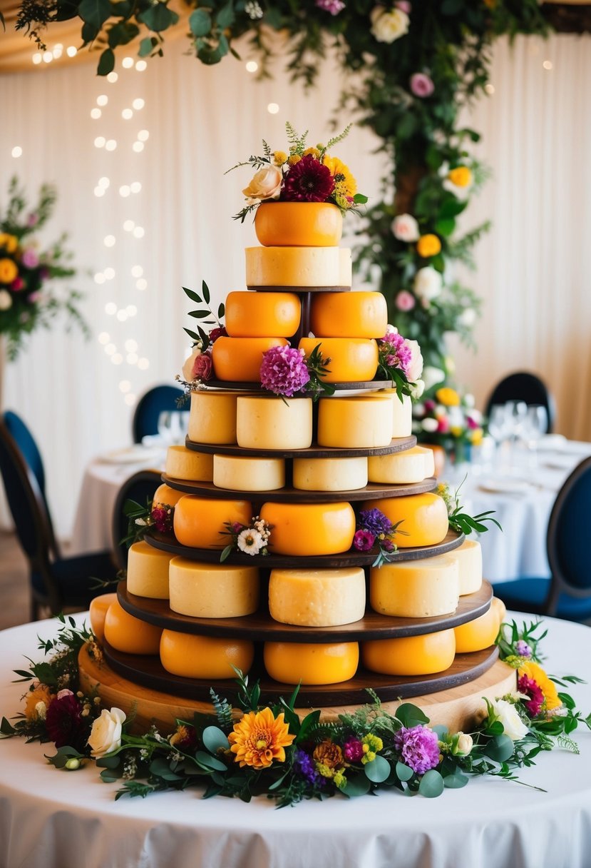 A whimsical wedding table adorned with towers of cheese wheels in various sizes, adorned with colorful flowers and greenery