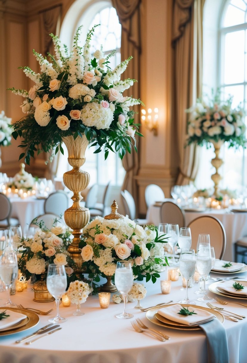 A lavish wedding table adorned with elegant floral centerpieces and ornate food displays