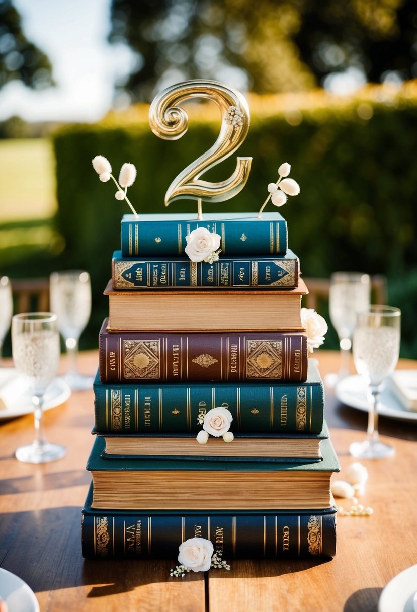 A collection of vintage books stacked to form table numbers, adorned with whimsical details for a quirky wedding decoration