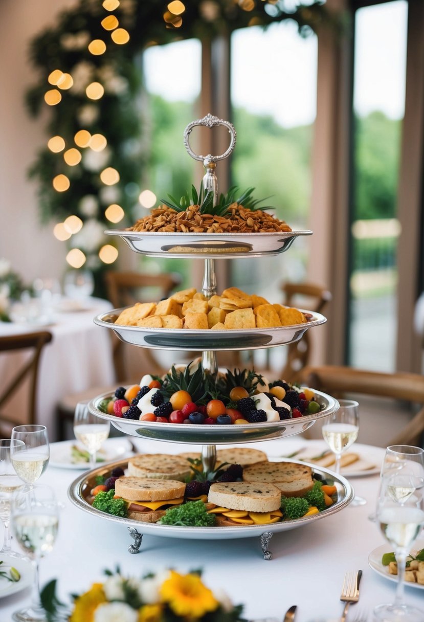 Three-tiered trays hold an elegant display of assorted foods for a wedding table decoration