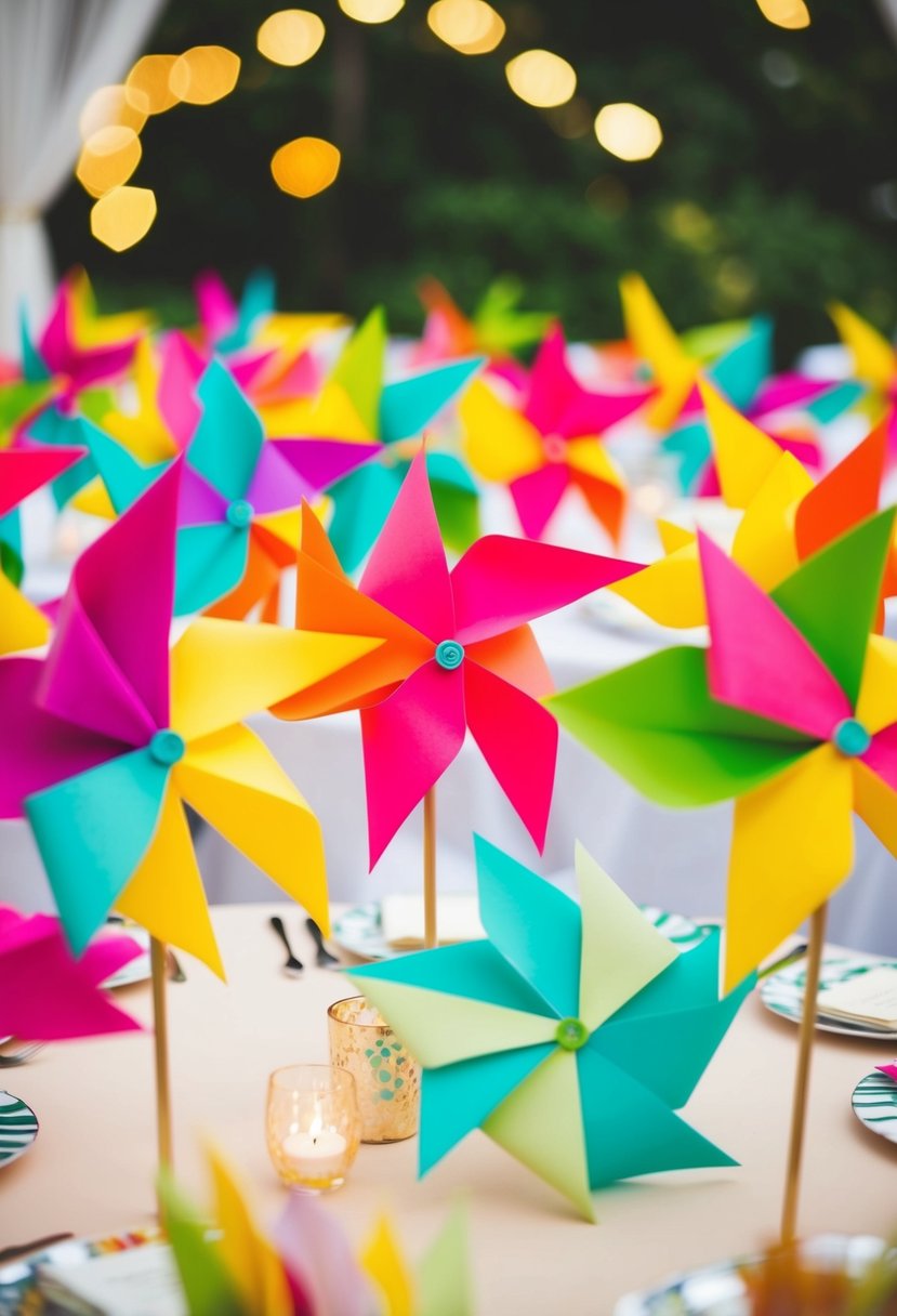 Brightly colored paper pinwheels arranged on a wedding table, adding a whimsical and playful touch to the decor