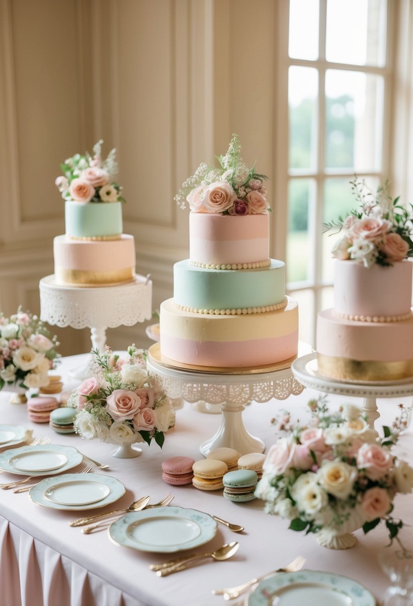 A vintage dessert table adorned with pastel cakes, macarons, and floral arrangements. Elegant tablecloth and delicate china complete the romantic wedding decor