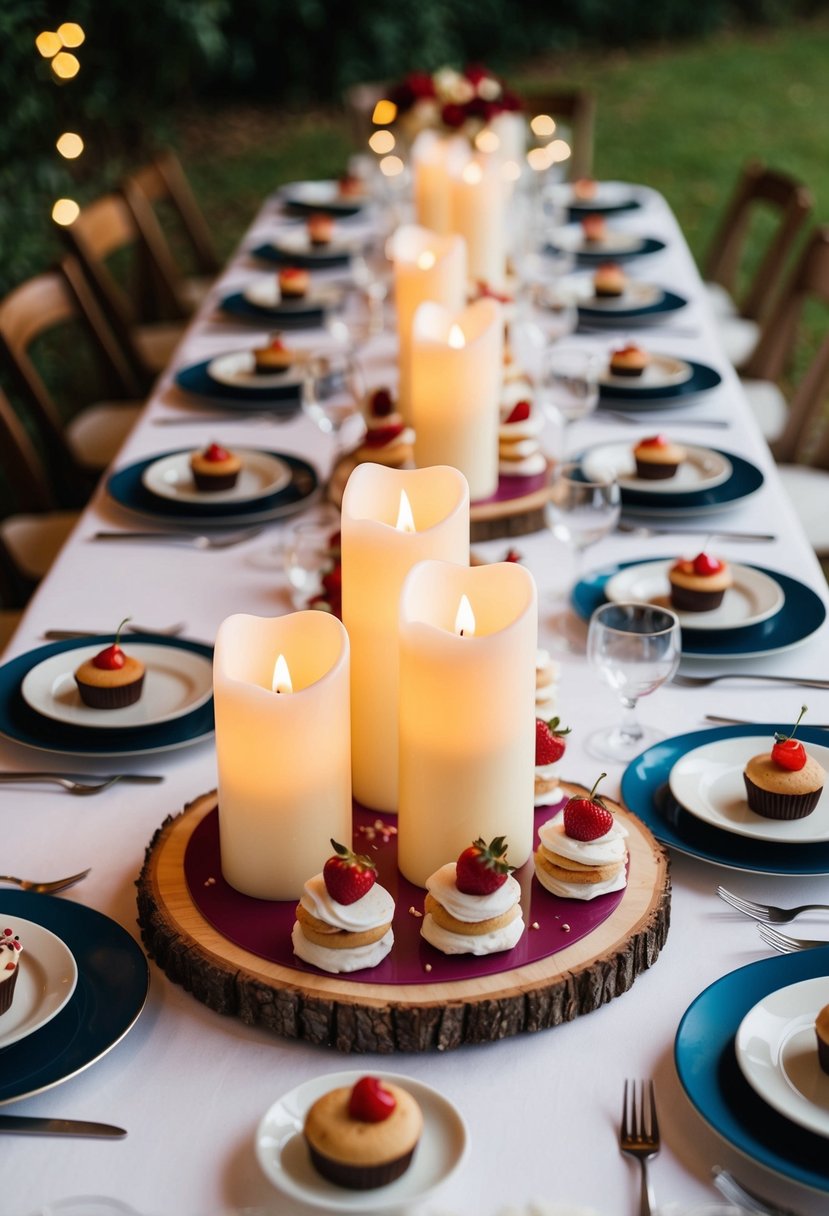 A whimsical wedding table adorned with flameless LED candles and playful treats