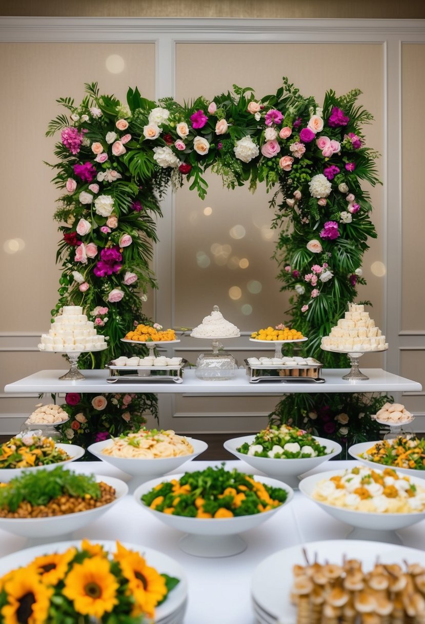 A lush, vibrant floral backdrop frames a buffet table with an array of elegantly displayed wedding dishes