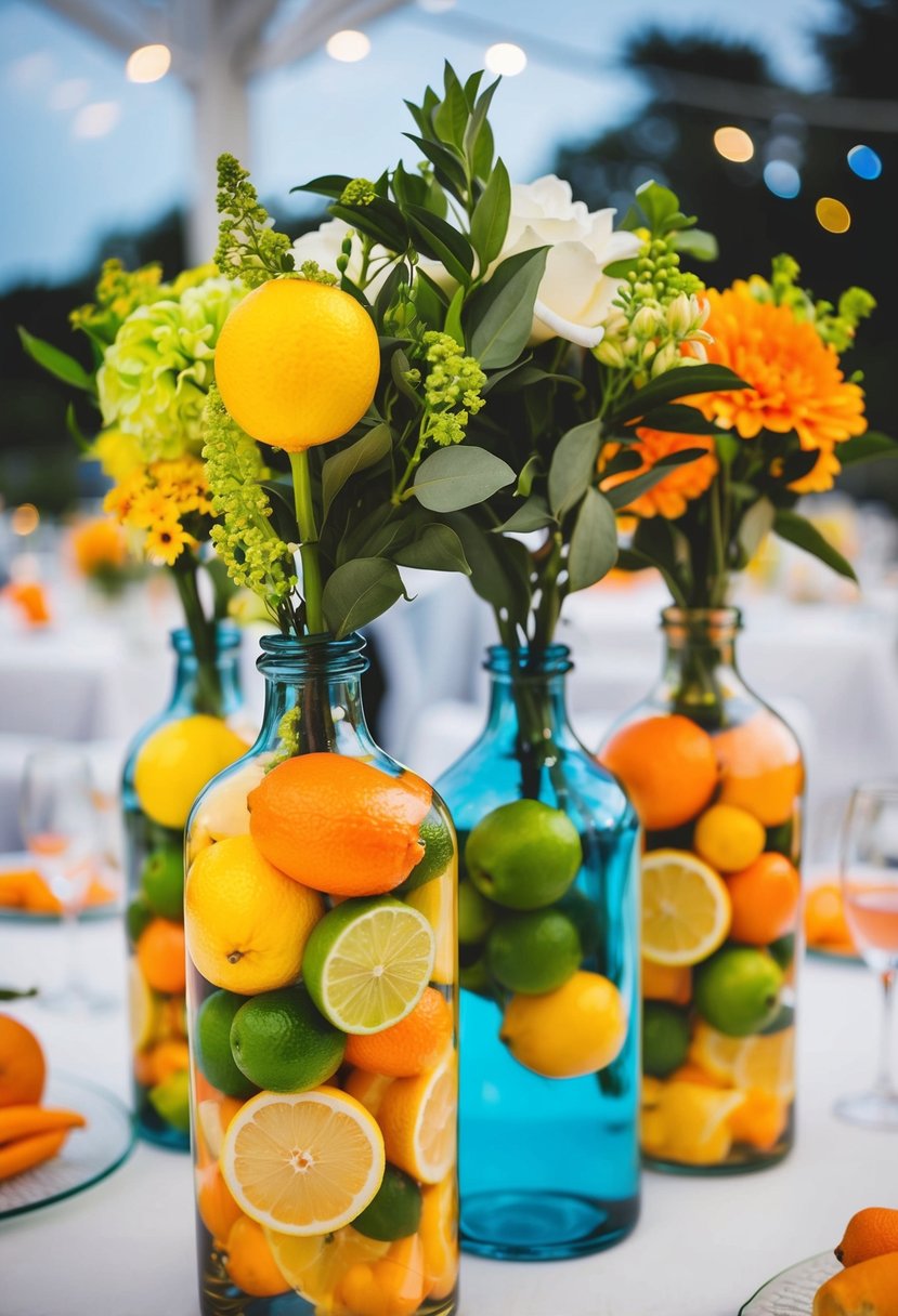 Colorful glass vases filled with assorted fruits, like lemons, limes, and oranges, arranged on a wedding reception table